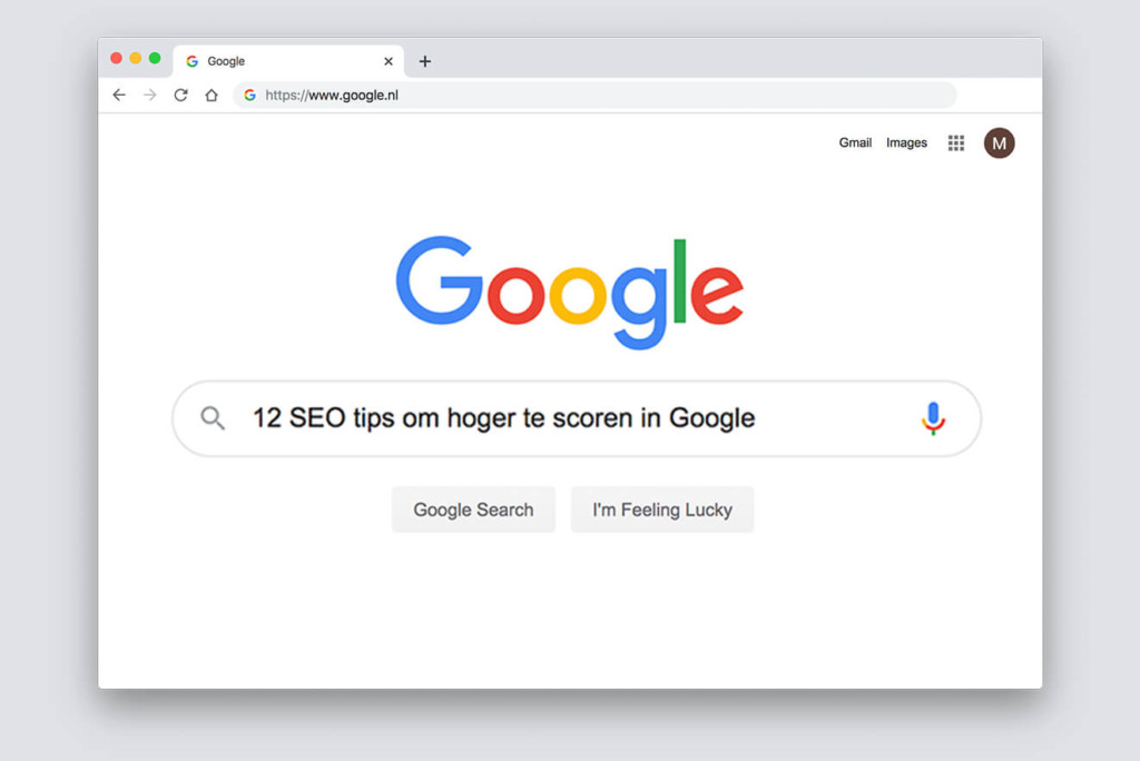Google-startpagina met een zoekopdracht: "12 SEO-tips om hoger te scoren in Google.