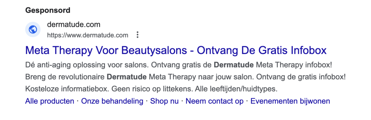 Voorbeeld van een Google Ad met sitelink-extensie