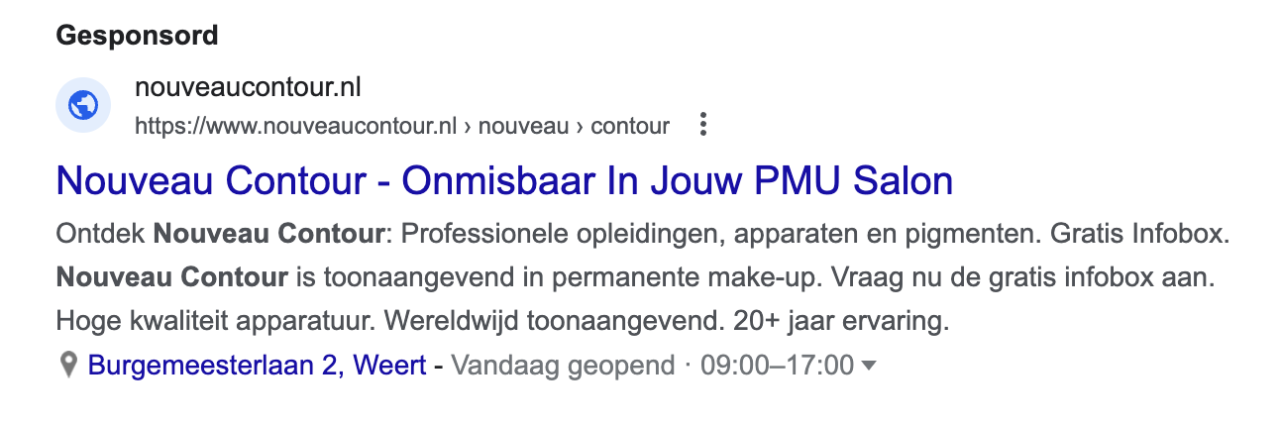 Voorbeeld van een Google Ad met een locatie-extensie