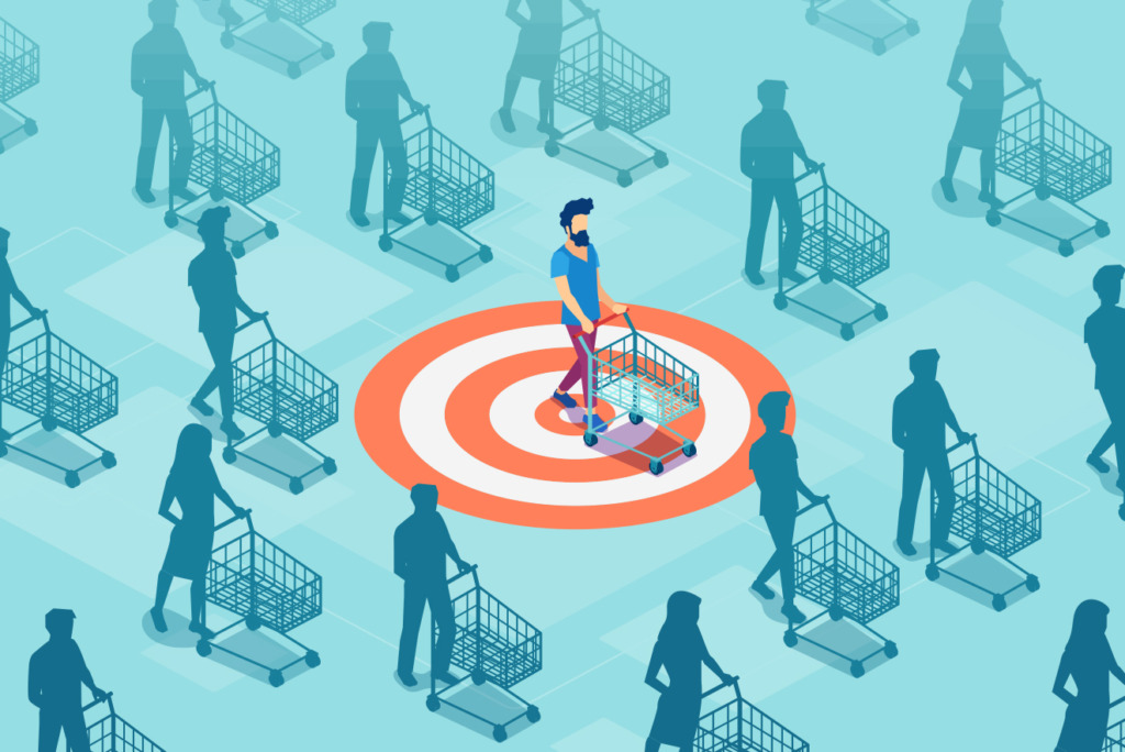 Illustratie van een persoon met een winkelwagentje dat op een doelwit staat, waarbij duidelijk de doelgroep wordt bepaald, terwijl hij omringd wordt door anderen met winkelwagentjes.