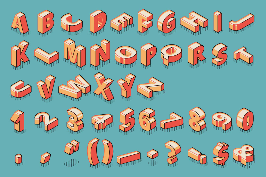 3D rood-oranje isometrisch alfabet, cijfers en symbolen op een blauwgroen achtergrond: perfect als u een lettertype met flair wilt kiezen.