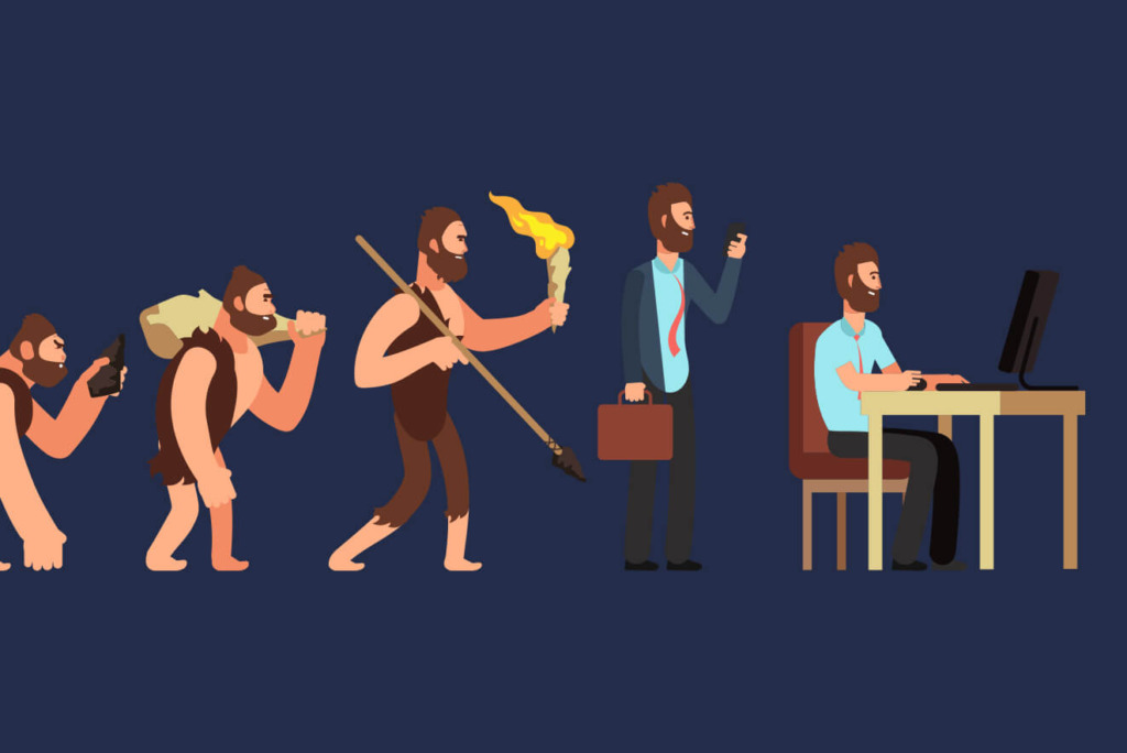 Illustratie van de menselijke evolutie van holbewoner tot moderne mens, culminerend in online activatie waarbij hij een smartphone gebruikt en op een computer aan een bureau werkt.