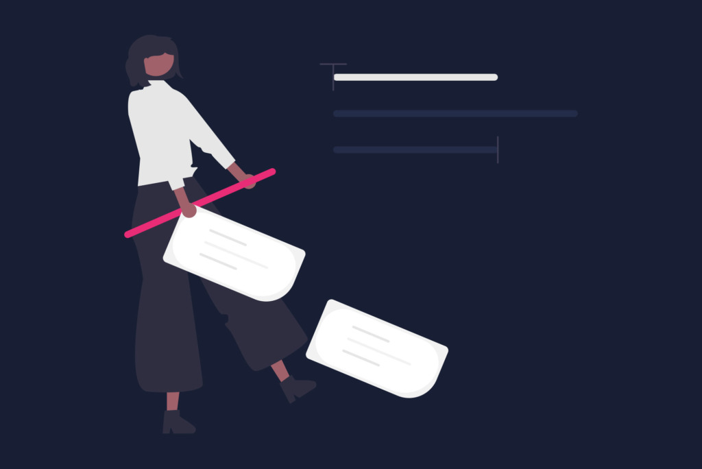 Illustratie van een persoon in een wit overhemd en een zwarte broek die twee grote documenten balanceert op een donkere achtergrond, symbool voor het nauwgezette proces van SEO-teksten schrijven.