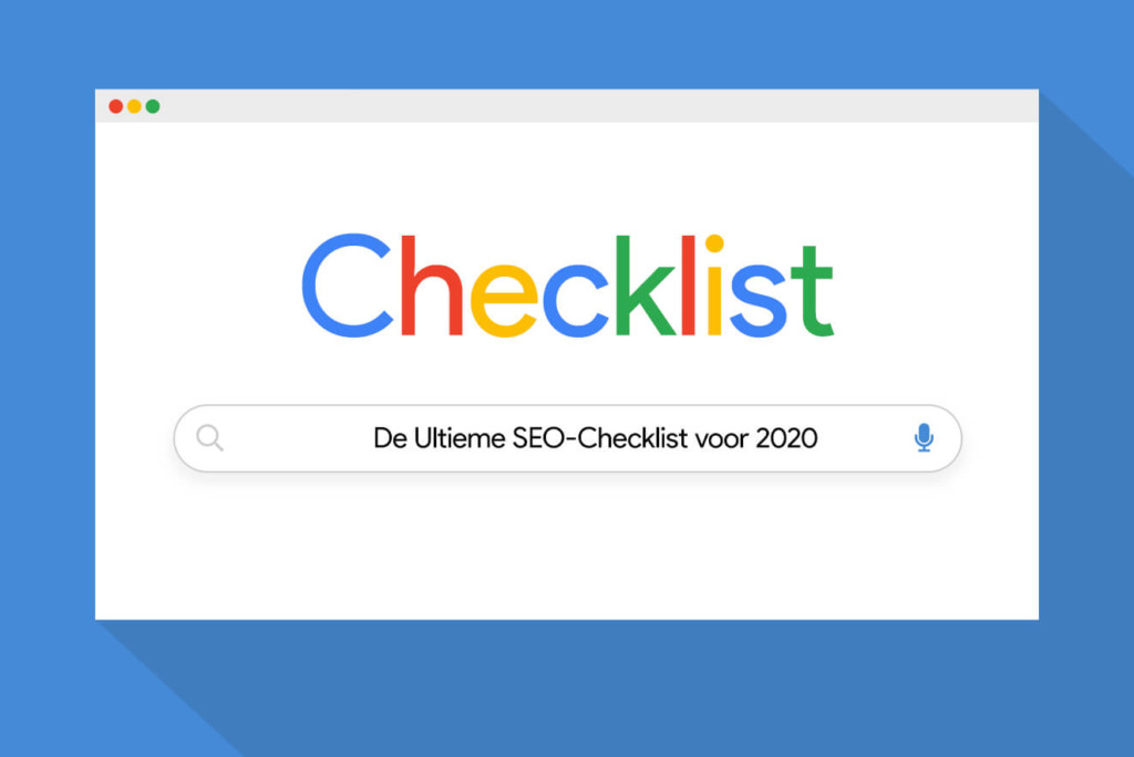 Een levendige webpagina toont een SEO-checklist voor 2020, compleet met een zoekbalk tegen een levendige blauwe achtergrond.