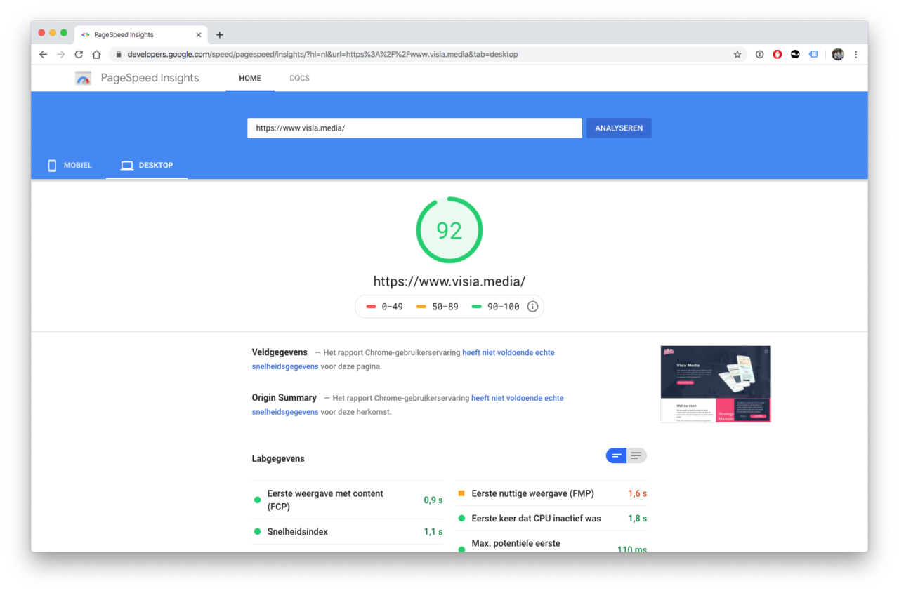 Google Speedtest van de Visia website