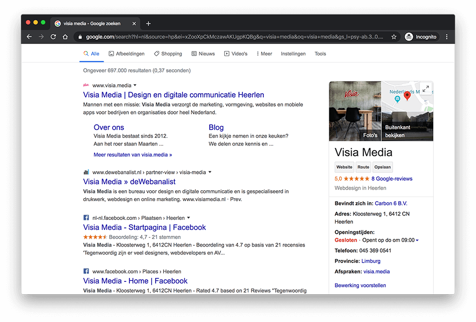 Visia Media op de lokale zoekresultatenpagina