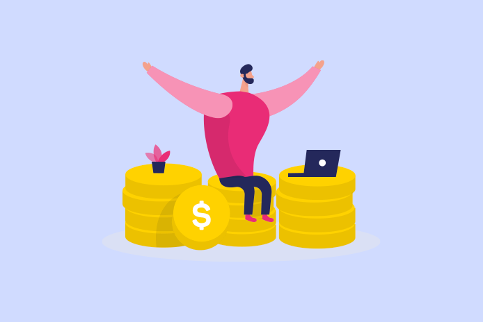 Illustratie van een persoon die met opgeheven armen op grote munten zit, met een laptop en een kleine plant op andere muntstapels, en de betaalbare prijs van hun nieuwe WordPress-website viert.