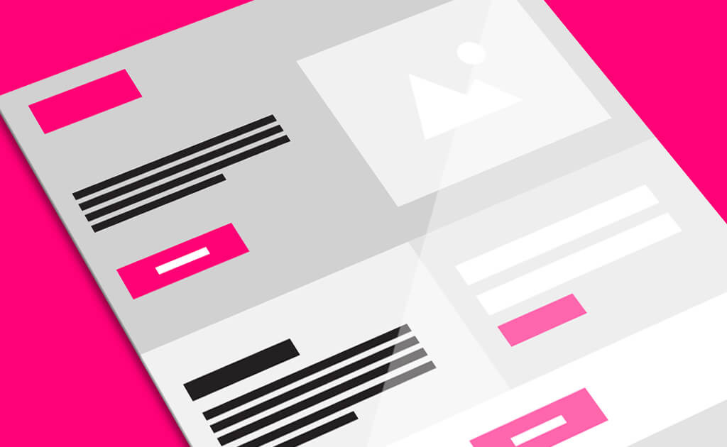 Illustratie van een wireframeontwerp van een webpagina met een helder roze achtergrond, perfect voor het maken van de landingspagina's.