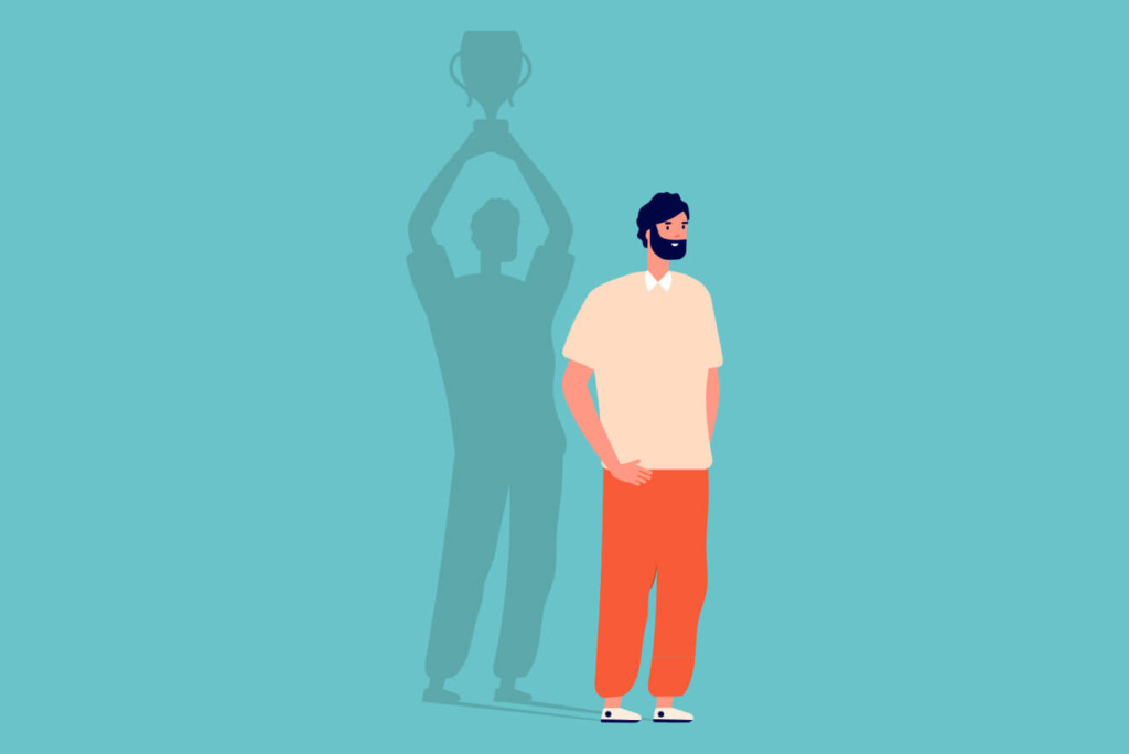 Illustratie van een persoon die met zijn schaduw een trofee omhoog houdt, symbool voor ambitie en potentiële prestatie - een perfect stuk voor elke goede vormgever die op zoek is naar inspiratie.