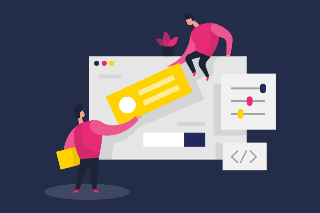 Illustratie van twee mensen die aan een website-interface werken met ontwerpelementen, schuifregelaars en codepictogrammen op een donkere achtergrond, waarbij de nadruk wordt gelegd op de hiërarchie in webdesign.