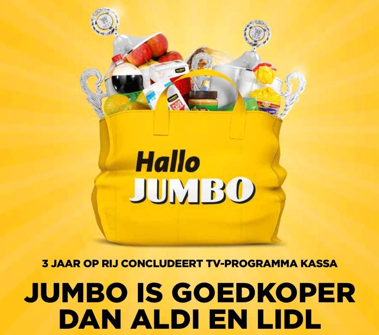 voorbeeld opvallen als bedrijf: Reclame van jumbo waarop staat dat ze goedkoper zijn dan Aldi en Lidl.