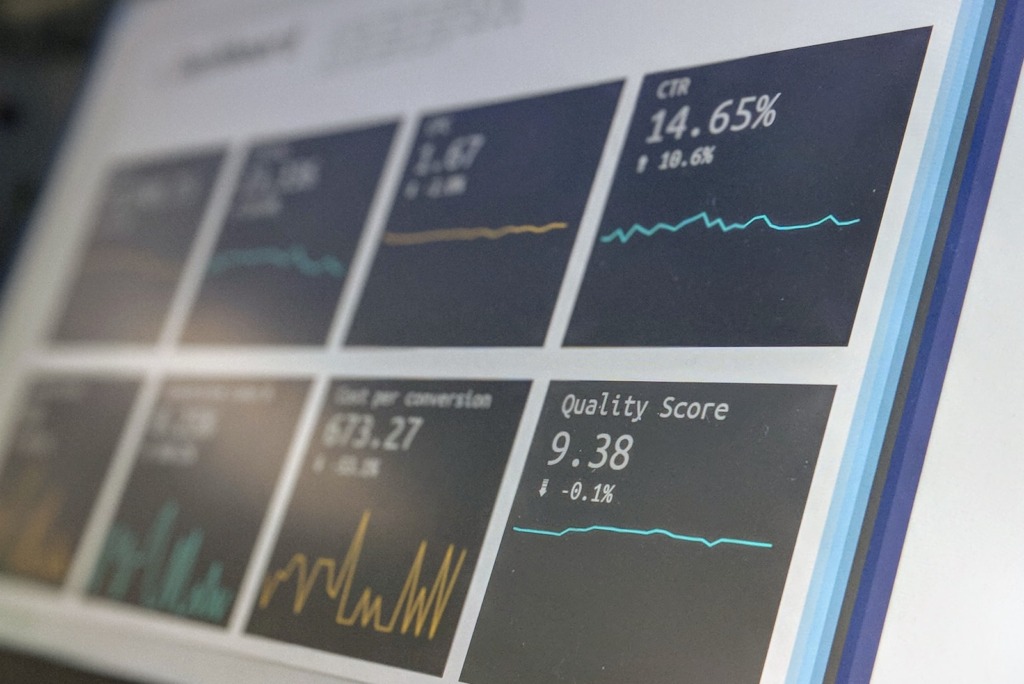 Een digitaal dashboard met verschillende gegevensgrafieken en statistieken, waaronder CTR, gebruikersconversie en kwaliteitsscorepercentages, helpt bedrijven hun online aanwezigheid organisch te laten groeien.