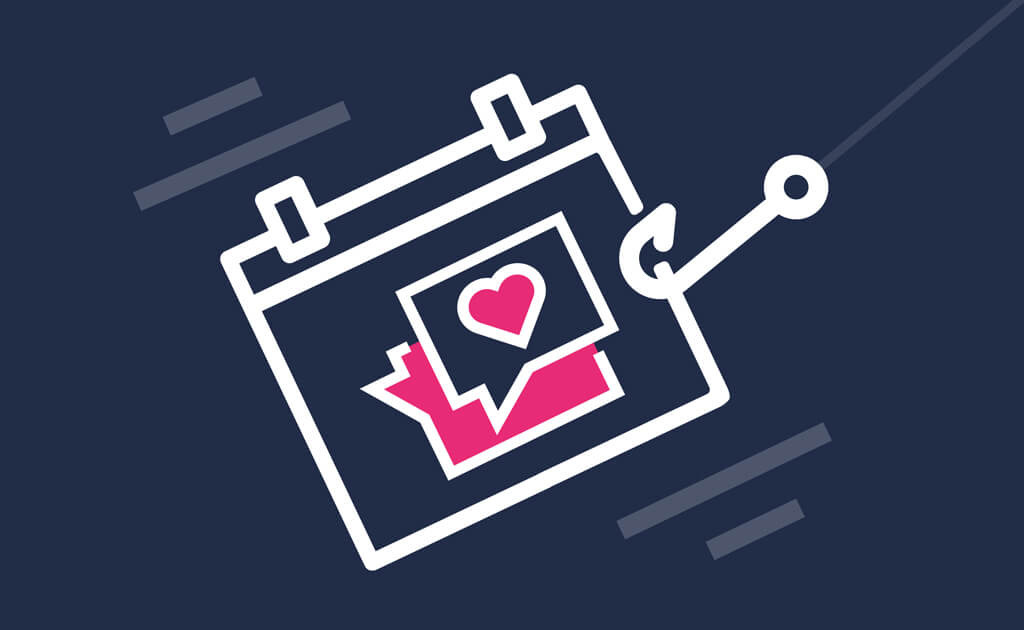 Illustratie van een kalenderpictogram met een hart in een tekstballon en een haak die eraan trekt, wat effectieve online marketingbetrokkenheid symboliseert.