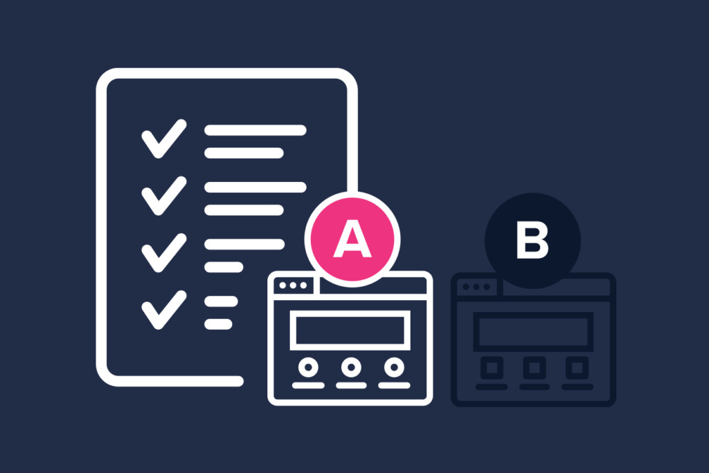 Illustratie van A/B-testen met een checklist en twee mockups voor webpagina's met de opschriften "A" en "B" op een donkere achtergrond, met verschillende ontwerpelementen van een landingspagina.