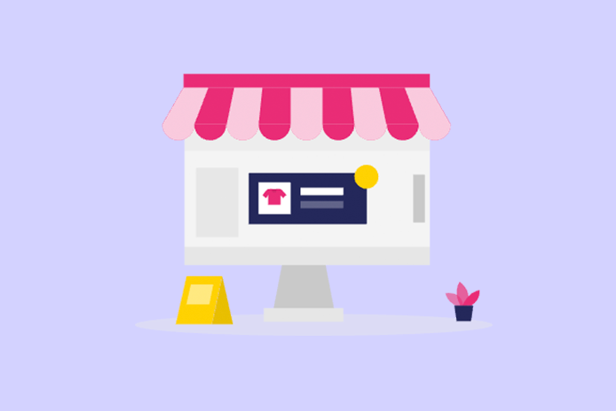Illustratie van een online winkel op een computerscherm met een roze luifel, een klein bordje en een potplant, waardoor de minimale webshopkosten worden benadrukt.