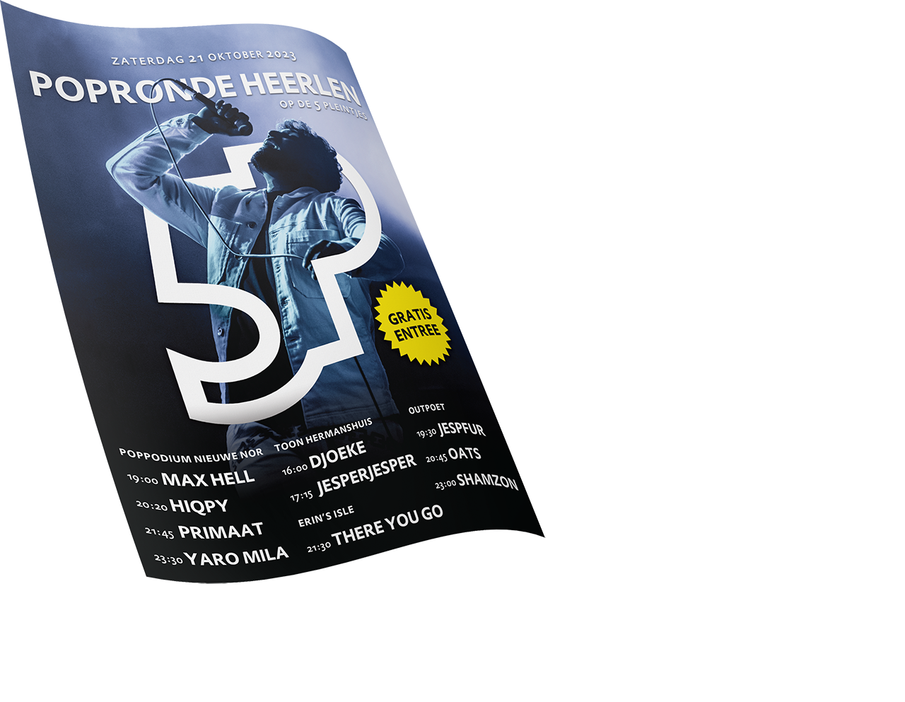 Affiche voor een concert getiteld "Popronde Heerlen" op 21 oktober 2023, op De 5 Pleintjes, met optredens van diverse artiesten.