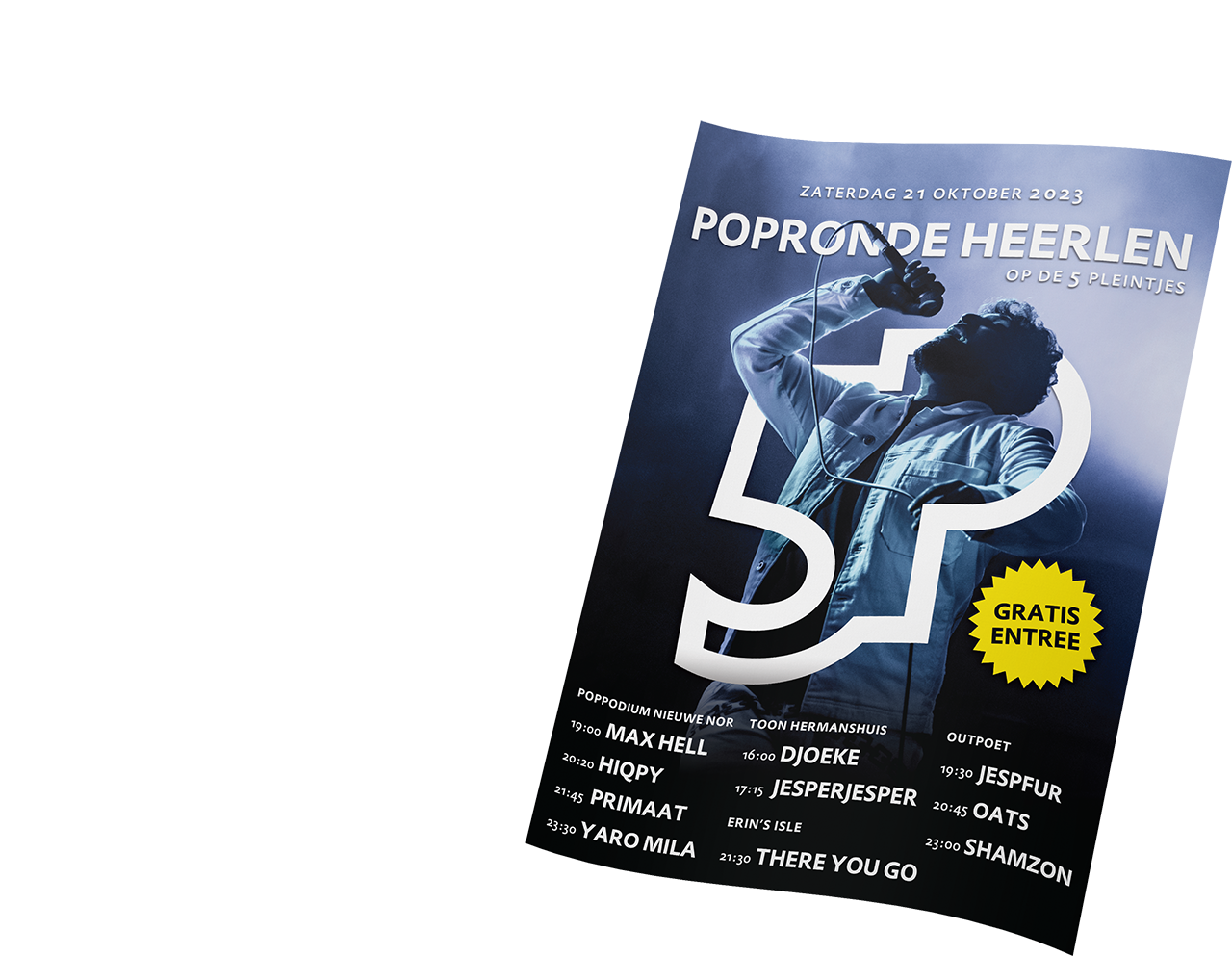 Evenementposter voor Popronde Heerlen met een artiest op het podium van De 5 Pleintjes. Datum: 21 oktober 2023. Opmerking over "Gratis Entree" (gratis toegang).