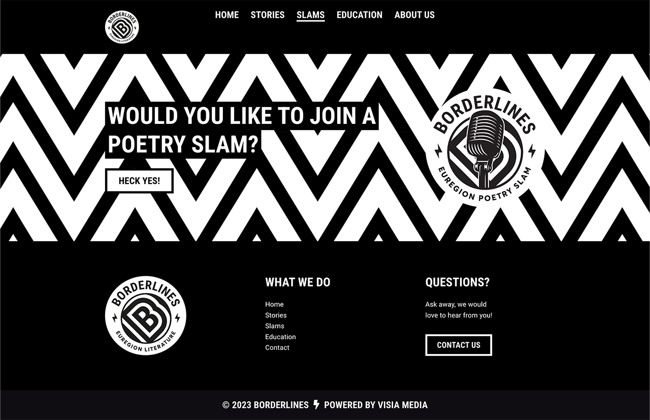 Geometrische zwart-wit patroonachtergrond met tekst en het Borderlines-logo voor een levendig Poetry Slam-evenement.