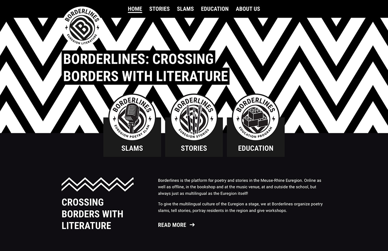 De startpagina van de Borderlines-website met een geometrisch ontwerp verwelkomt u met de kop: "Grenzen overschrijden met literatuur", en bevat drie levendige secties: Slams, Stories en Education.