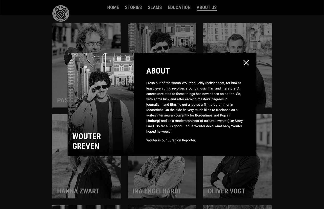 Zwart-wit afbeelding met een tekstoverlay over Wouter Greven, met verschillende portretten op de achtergrond, die de grenzen van zijn levensverhaal verkennen.