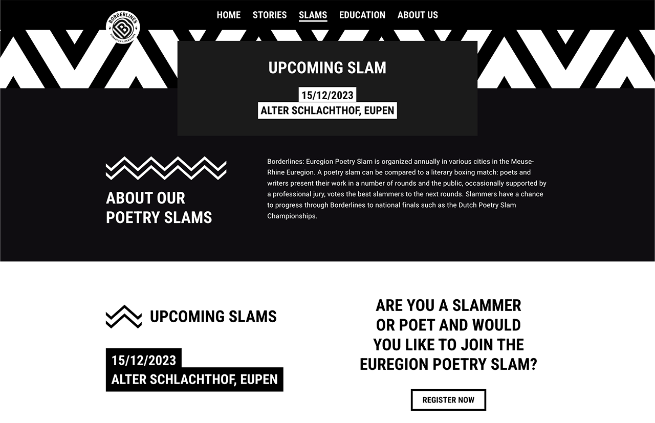 Zwart-wit webpagina voor Euregionale Poetry Slams met evenementdetails voor 15/12/2023 in Alter Schlachthof, Eupen. Ontdek de kunst van woorden die grenzen overschrijden en dichters uit verschillende regio's verenigen.