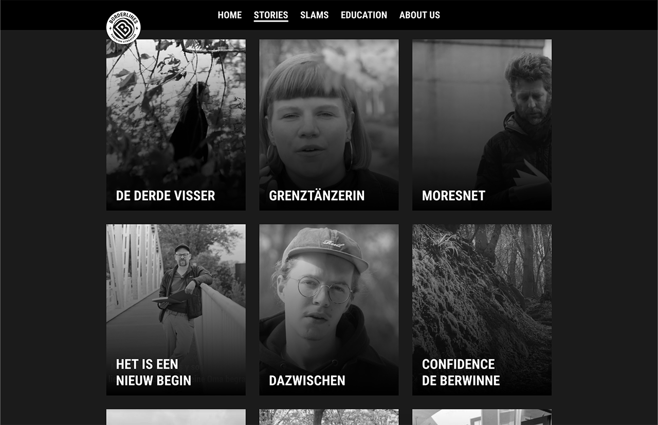 Een zwart-wit websiteraster met zes verschillende portretten, elk onderschrift in een andere taal, verkent culturele grenzen.