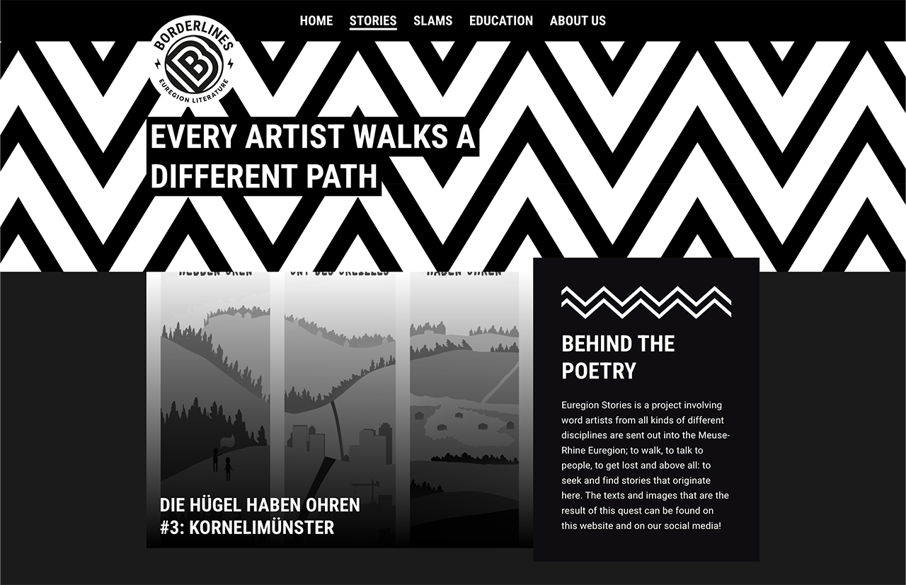 Monochrome website met zigzagpatronen en opvallende grenslijnen, vitrines "Elke kunstenaar bewandelt een ander pad" en details van een kunstproject.