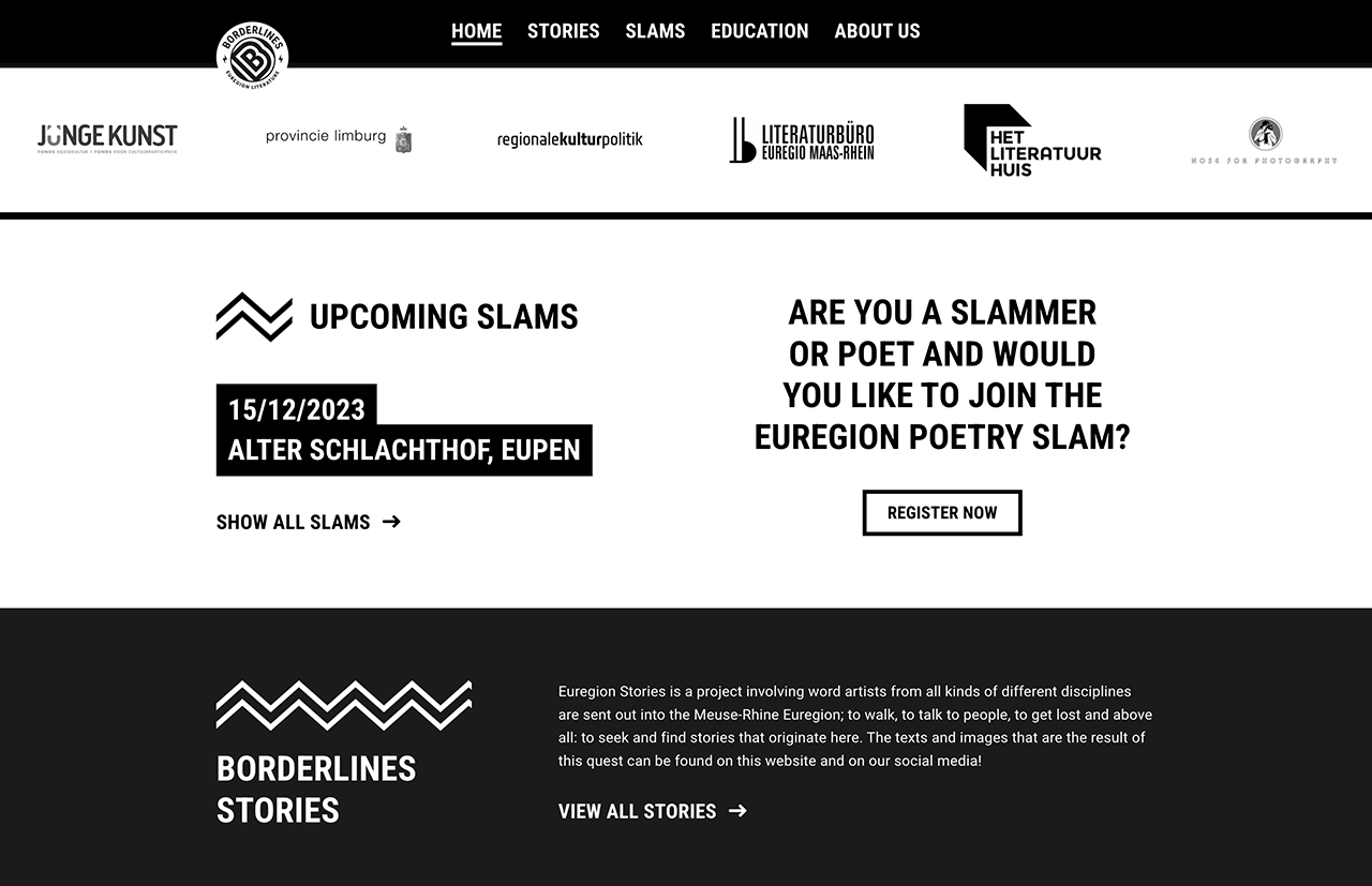 Screenshot van de website met komende Poetry Slams op 15/12/2023 in Eupen, met een oproep voor deelnemers en projectinfo. Ontdek de grensverleggende optredens die de grens tussen poëzie en gesproken woordkunst doen vervagen.