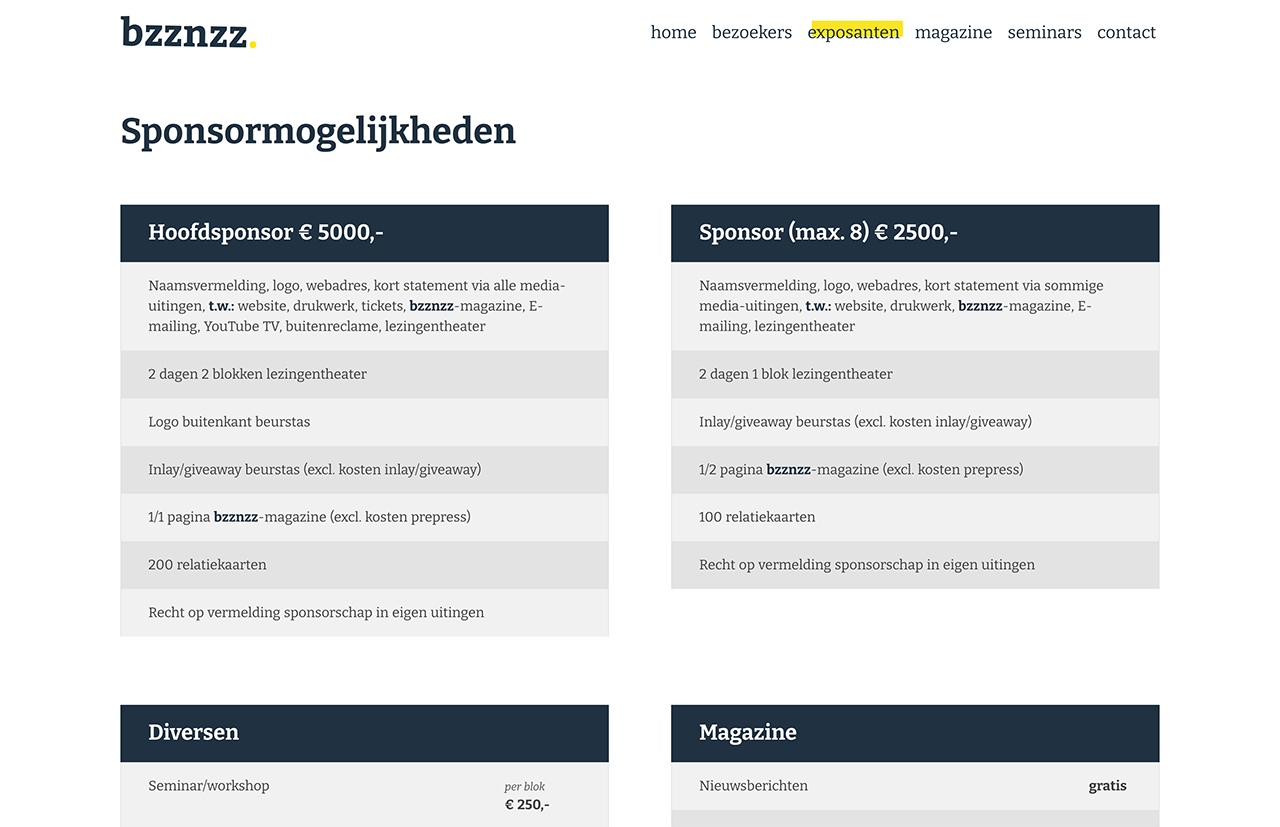 Tabel met sponsoropties, twee categorieën: hoofdsponsor en sponsor, met vermelding van de voordelen. Andere aanbiedingen hieronder. Sitekoptekst bevat "bzznzz".