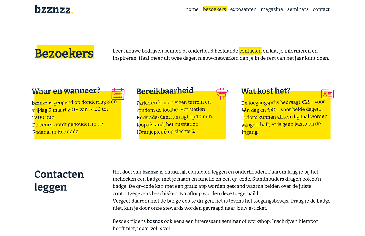 Screenshot van het onderdeel ‘bezoekers’ op de website van Bzznzz, met details over bezoekuren, bereikbaarheid en kosten in het Nederlands.