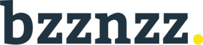 De tekst "bzznzz." in donkerblauwe letters met een gele stip aan het einde op een transparante achtergrond, die de essentie van Bzznzz vastlegt.