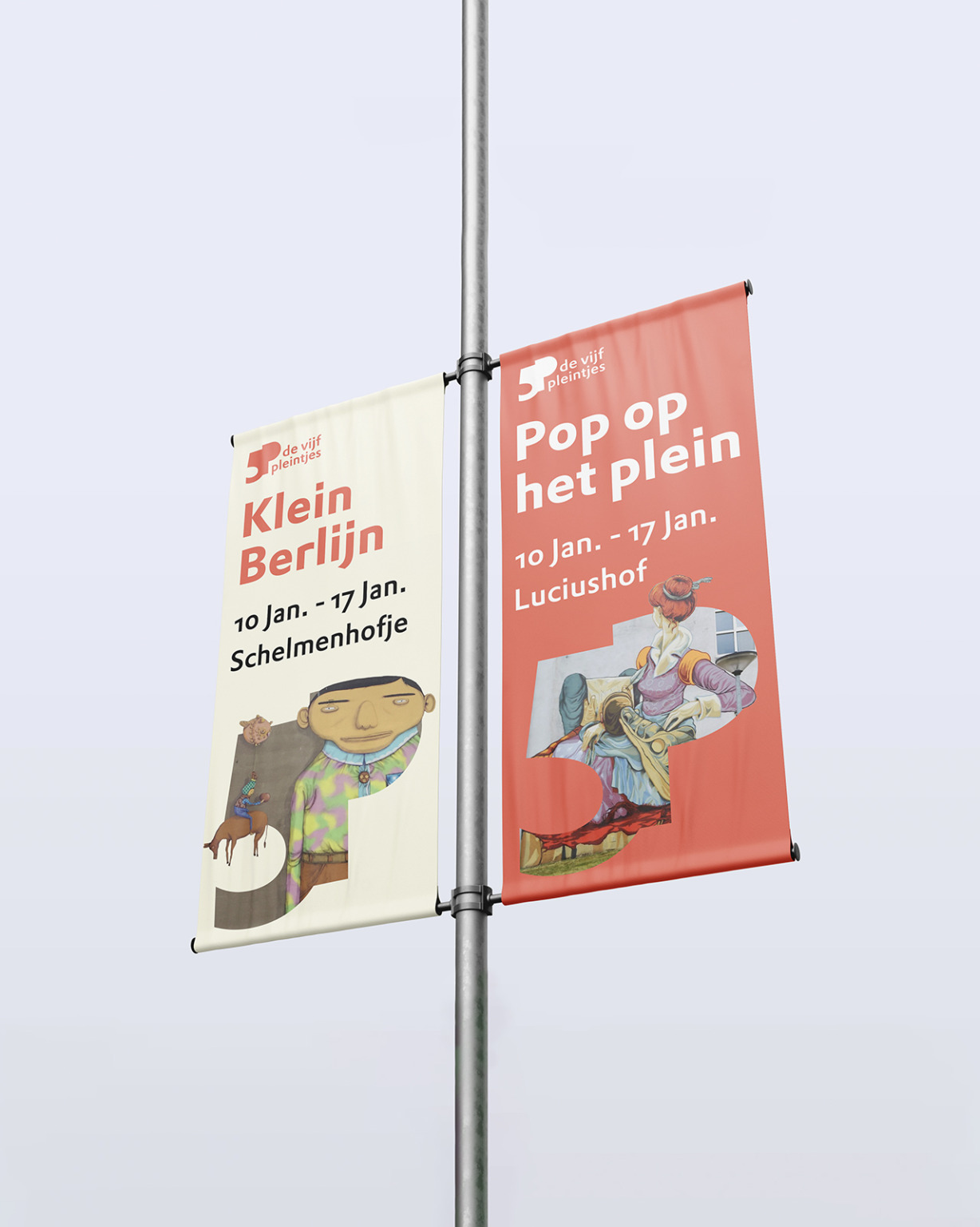 Twee verticale spandoeken op een paal ter promotie van de evenementen "Klein Berlijn" en "Pop op het plein" op De 5 Pleintjes, 10-17 januari.