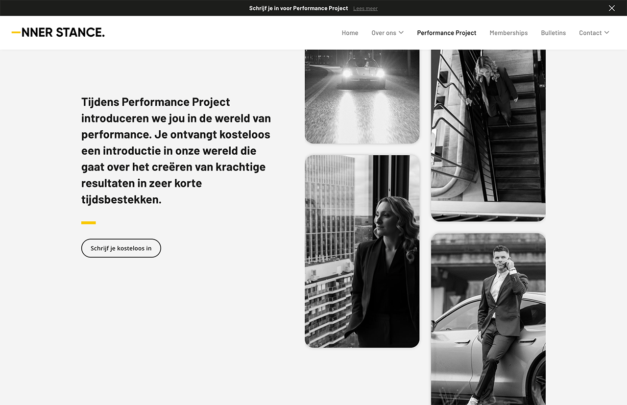 Websitescreenshot met zwart-witfoto's van professionals en Nederlandse tekst over deelname aan het Inner Stance-performanceproject.