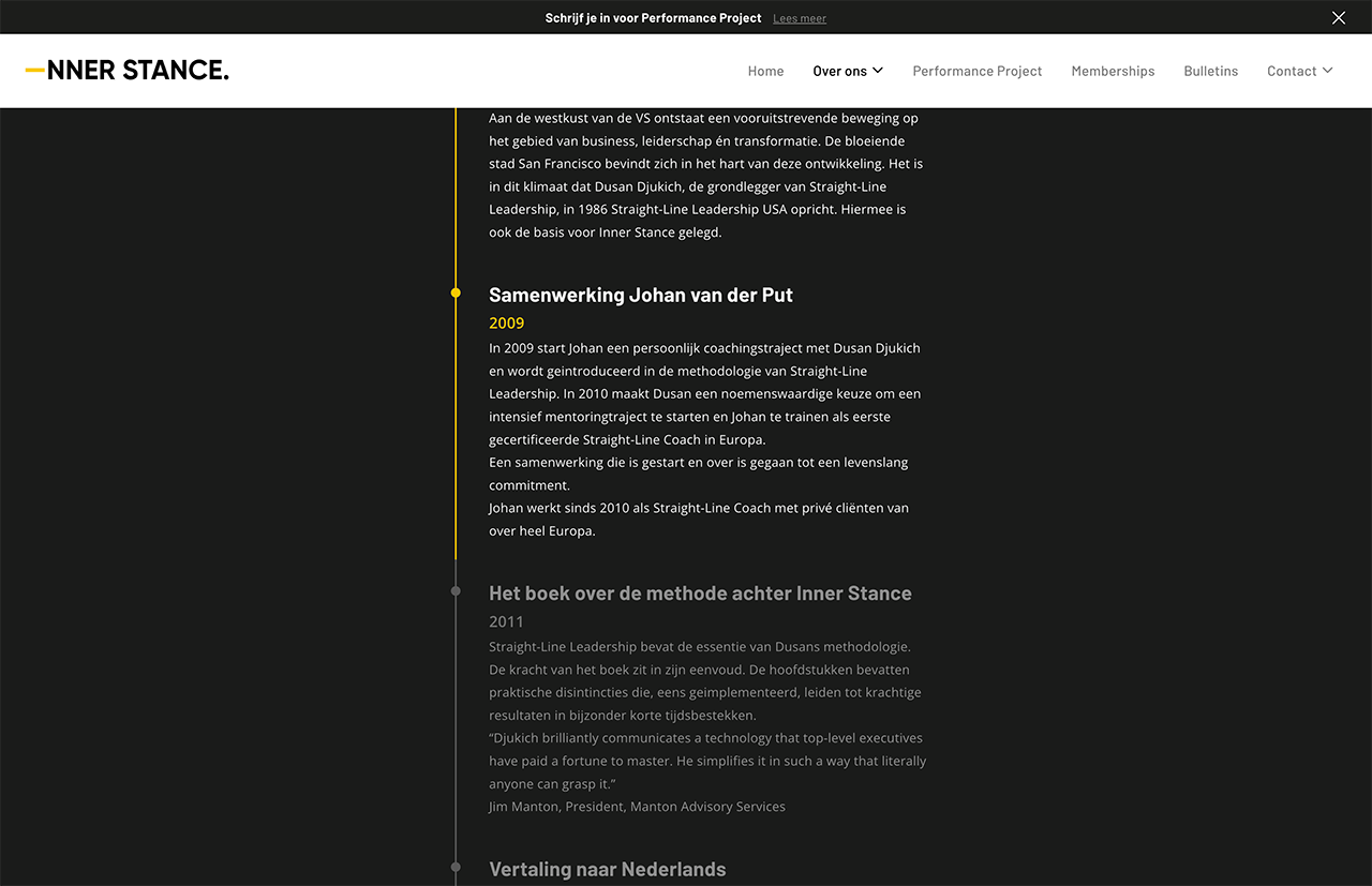 Screenshot van een webpagina in het Nederlands met een zwarte achtergrond en witte en gele tekst weergegeven in meerdere secties, ter illustratie van het concept van Inner Stance.