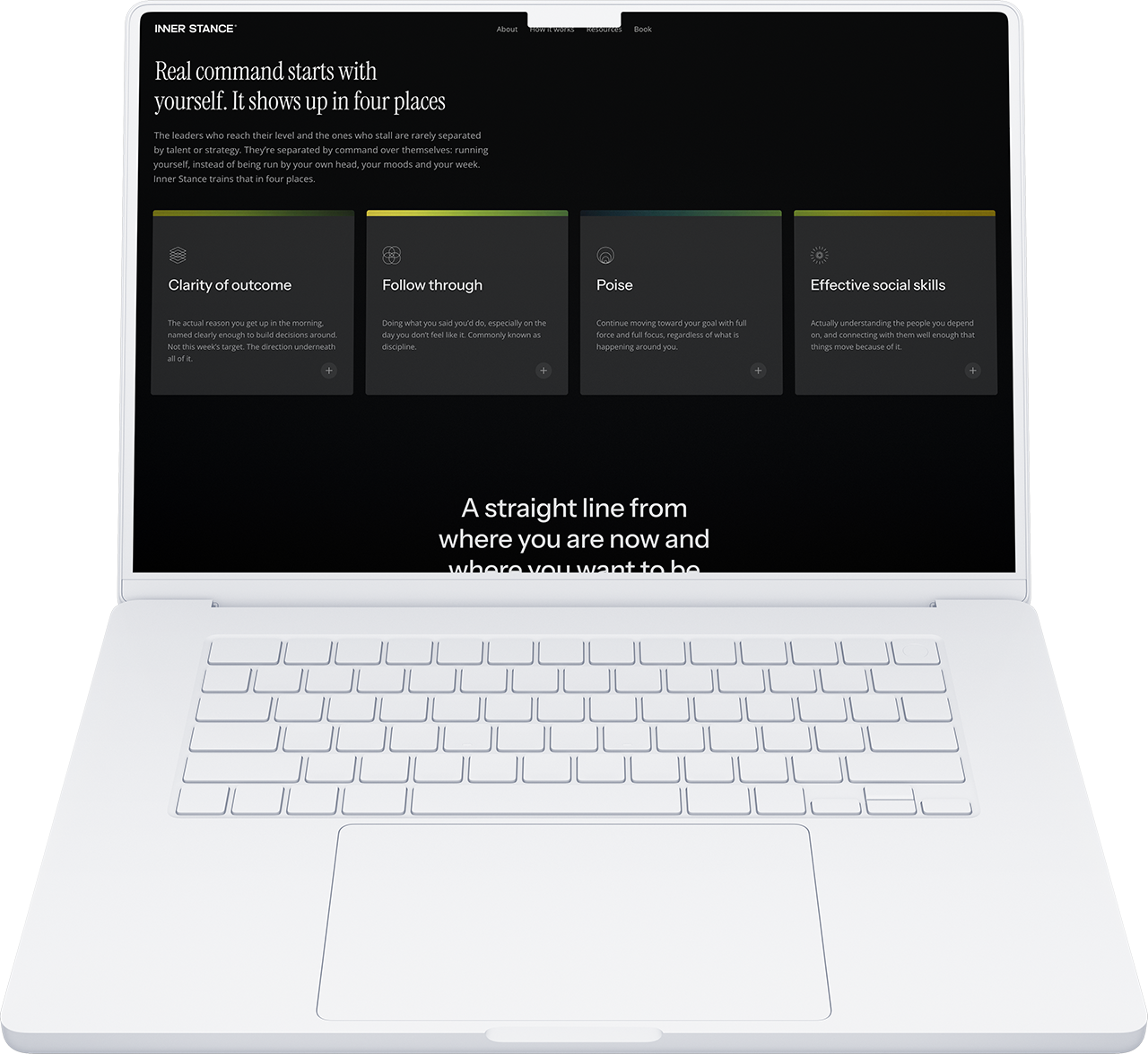 Een laptopscherm waarop de startpagina van Inner Stance te zien is, een website over mindfulness en zelfreflectie.