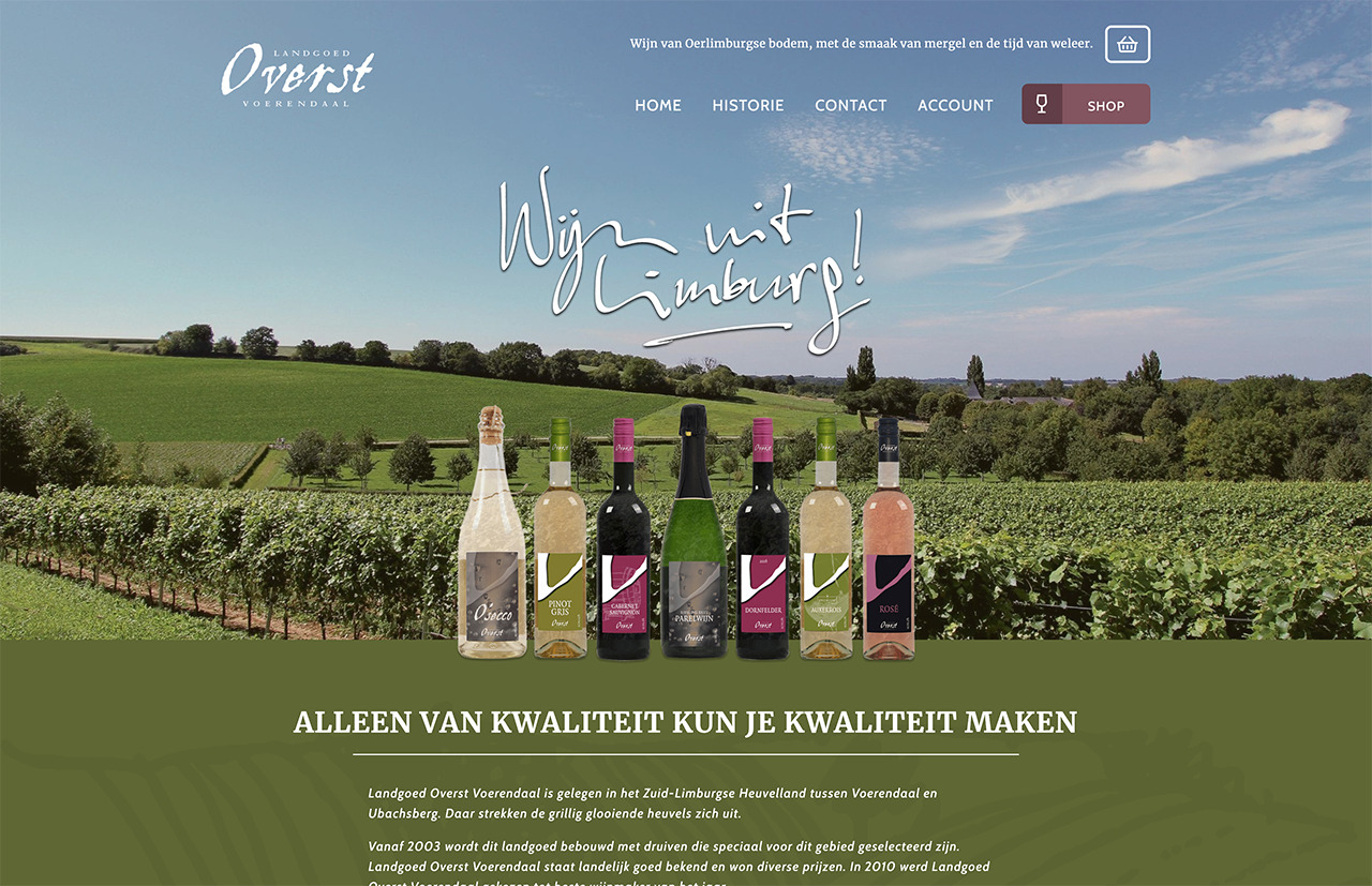 Een website van een wijnmakerij toont zes flessen wijn tegen een weelderige wijngaardachtergrond met de slogan "Wijn uit Limburg!" trots tentoongesteld, waarbij het prestigieuze Landgoed Overst centraal staat.