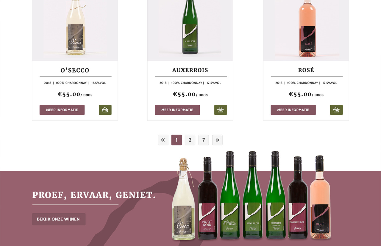 Website met diverse wijnflessen van Overst met prijzen en informatieknoppen, voorzien van een banner "Proef, Ervaar, Geniet." en een knop "Bekijk Onze Wijnen". Ontdek voortreffelijke selecties van gerenommeerde landgoederen en til uw proefervaring naar een hoger niveau.