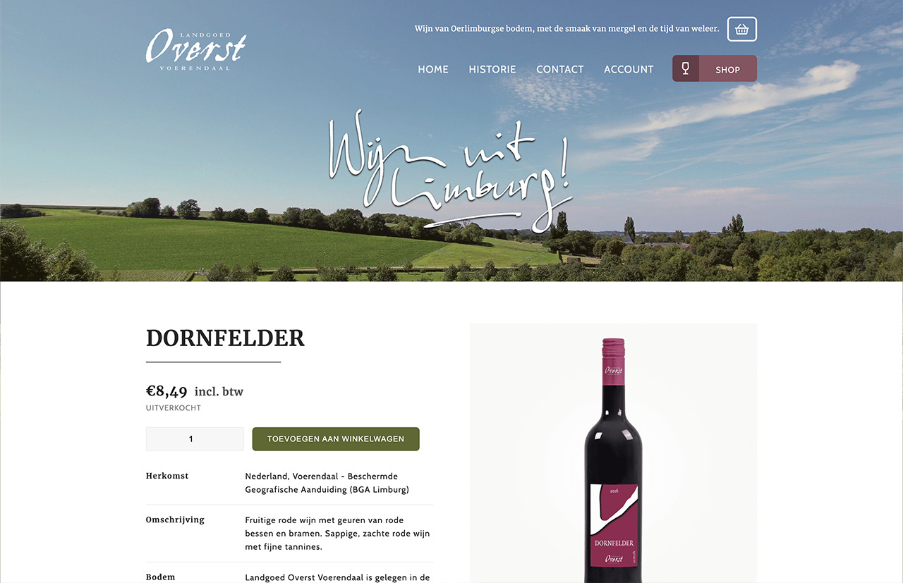 Screenshot van een wijnproductpagina met "Dornfelder" wijn voor € 8,49, met een afbeelding van een fles van Landgoed Overst en een schilderachtige, landelijke achtergrond.