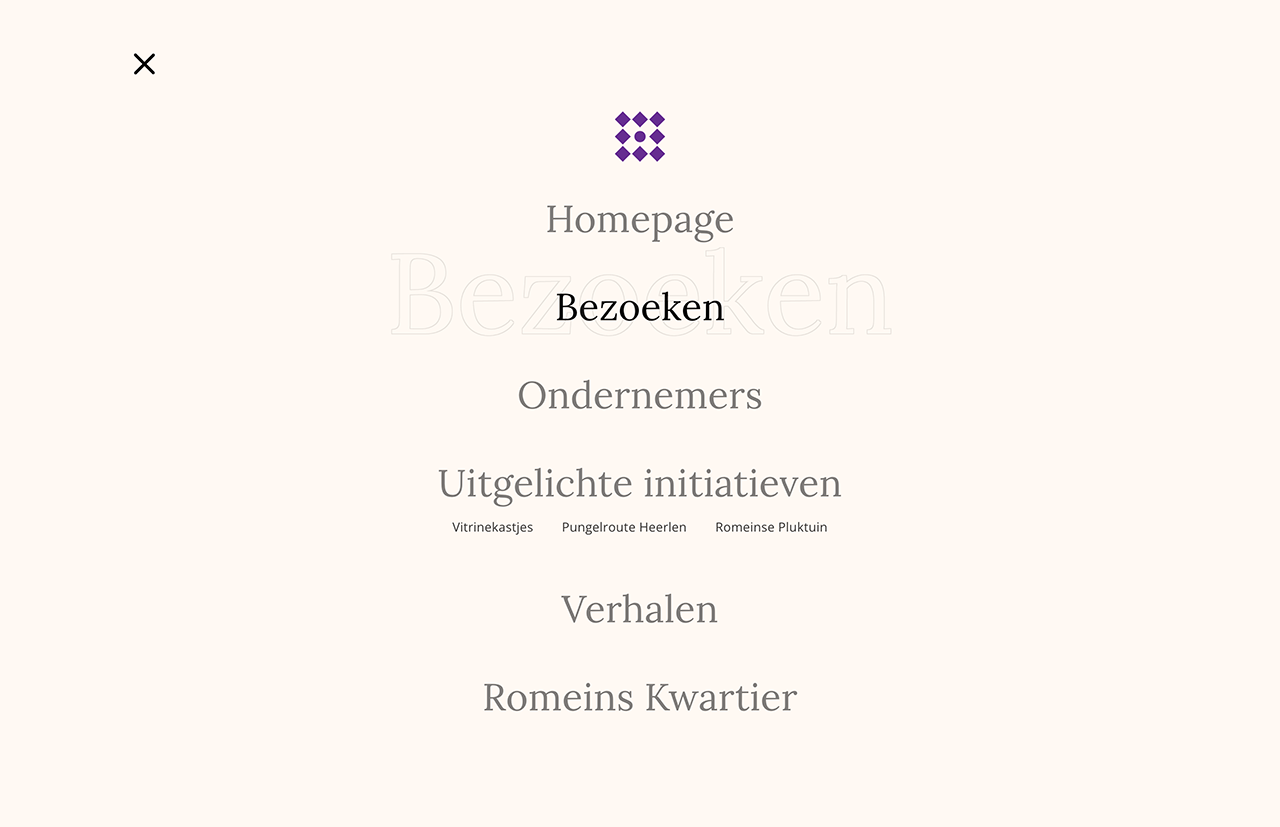 Ontdek het Nederlandstalige navigatiemenu van onze website met categorieën als Homepage, Bezoeken, Ondernemers, Voordelen, Verhalen en het historische Romeins Kwartier in Heerlen.