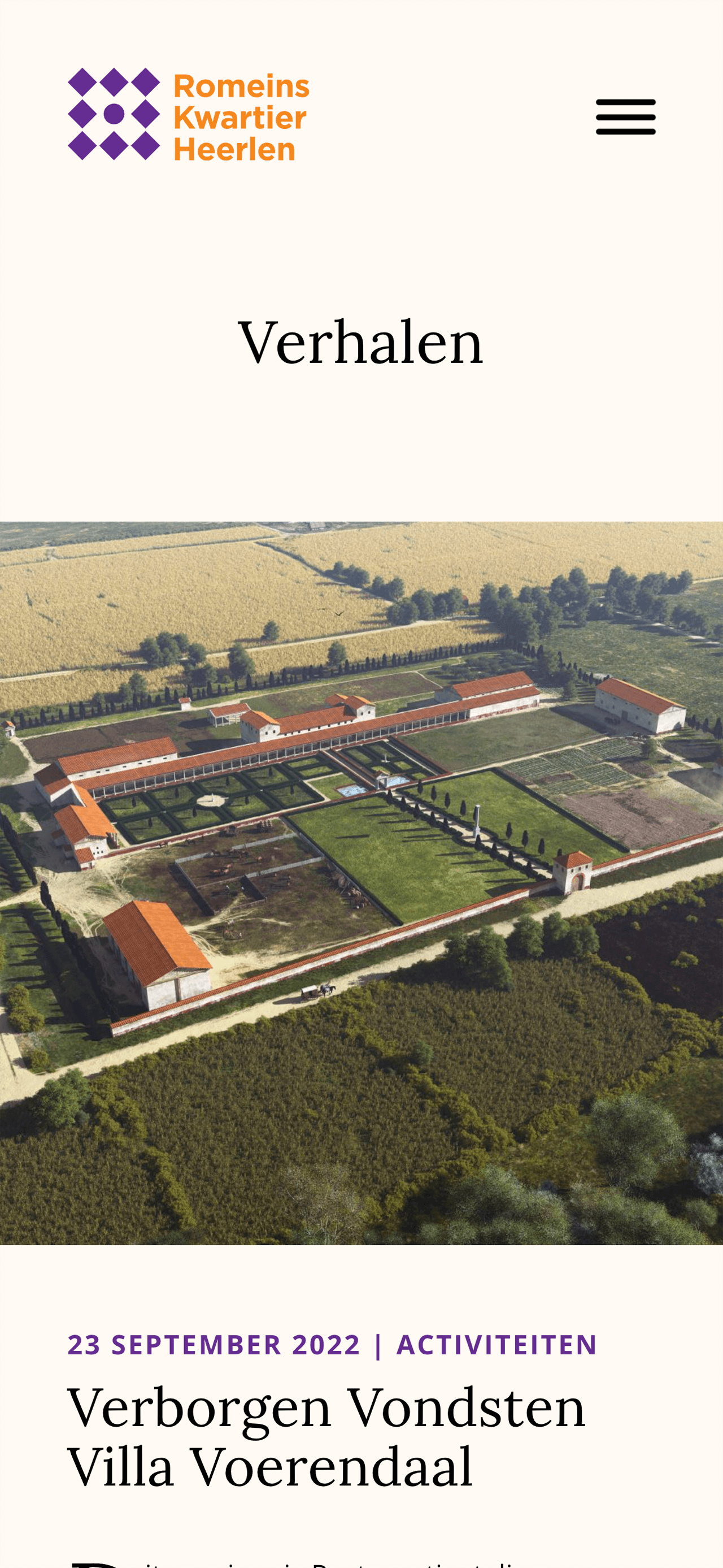 Luchtfoto van een historische Romeinse villa in het Romeins Kwartier in Heerlen en het omringende landschap, met details van evenementen uit het Romeins Kwartier Heerlen.