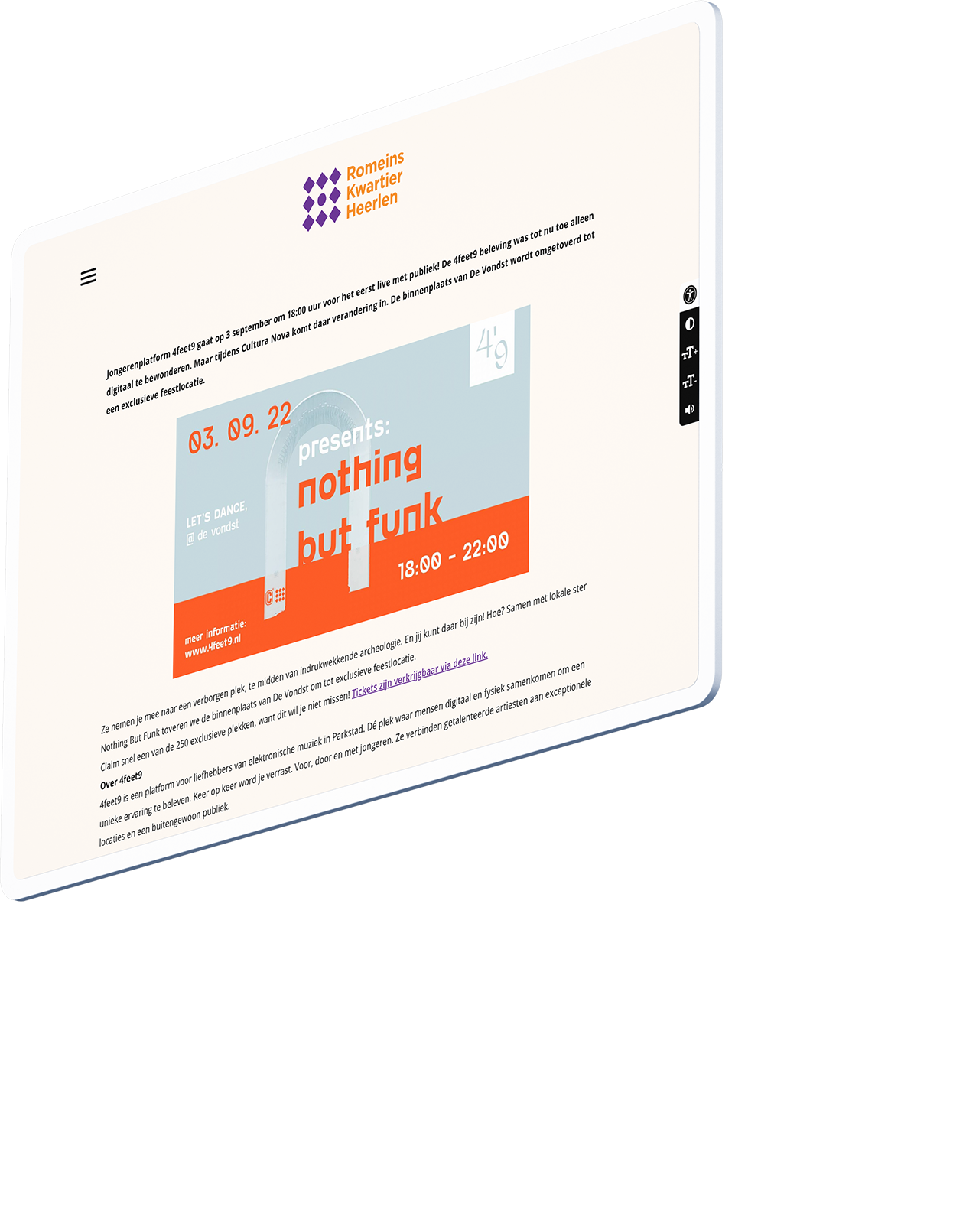 Schuin zicht op een tablet met een 'nothing but funk'-evenementposter met datum- en tijddetails in het hart van het Romeins Kwartier in Heerlen.