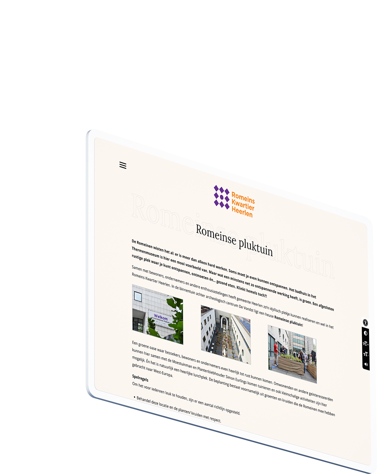 Screenshot van een websitepagina getiteld "Romeinse pluktuin" met tekst en afbeeldingen van een tuin en enkele gebouwen in het Romeins Kwartier, Heerlen.