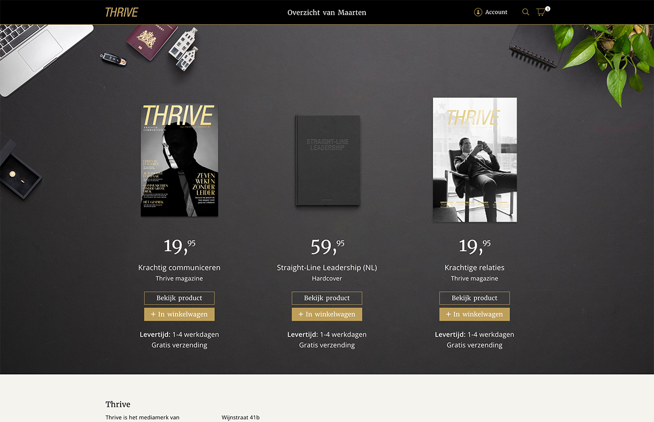 Een productpagina met drie Thrive-tijdschriften en een boek, compleet met prijzen en naadloze opties om aan uw winkelwagentje toe te voegen.