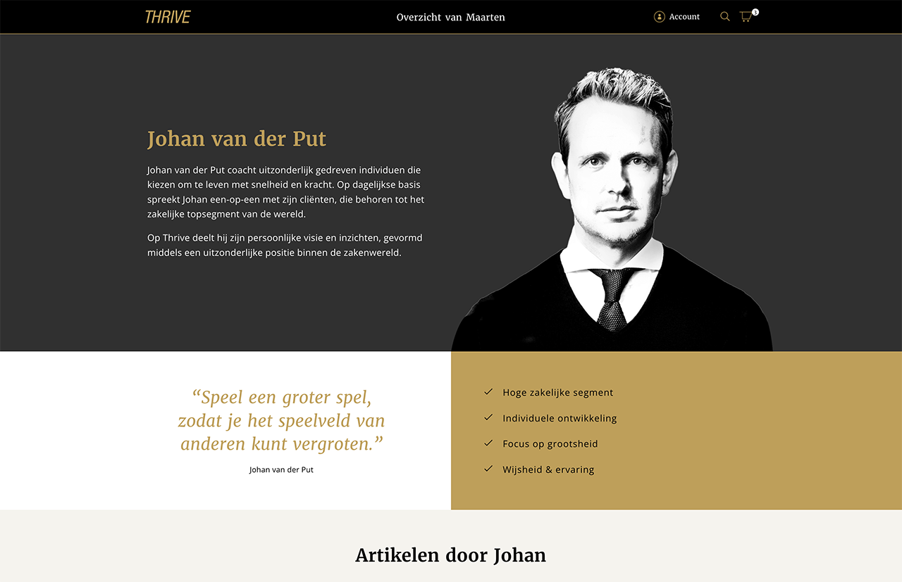 Zwart-wit portret van een persoon met gele tekst op een grijze achtergrond, waarin wordt benadrukt hoe hij/zij gedijt, met een artikelgedeelte hieronder.