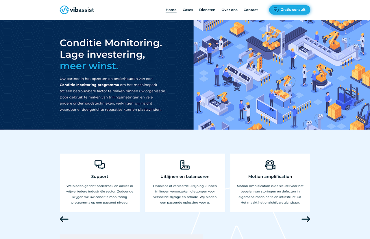 Schermafbeelding van de website met een banner met een illustratie van een fabriek, een navigatiemenu en secties voor verschillende diensten, waarin de Vib-Assist-integratie wordt benadrukt.