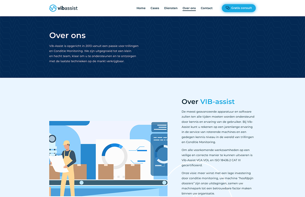 Schermafbeelding van de Vib-Assist "Over ons"-webpagina met achtergrondtekst van het bedrijf en een illustratie van een persoon die dozen ordent.
