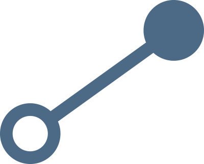 Eenvoudig blauw pictogram van twee cirkels verbonden door een lijn, die lijkt op een moleculaire of netwerkstructuur van Vib-Assist.