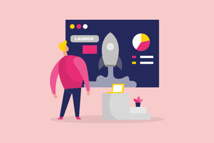 Illustratie van een persoon die bij een raketlanceringsbedieningspaneel staat met grafieken en diagrammen op een scherm, die naadloos de taak van de website weerspiegelt om topprestaties te bereiken.