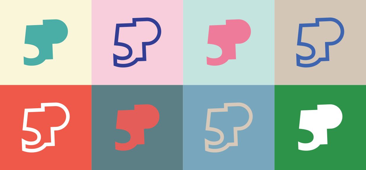 Raster van verschillende abstracte "5P"-logo's in verschillende kleuren op kleurblokachtergronden.