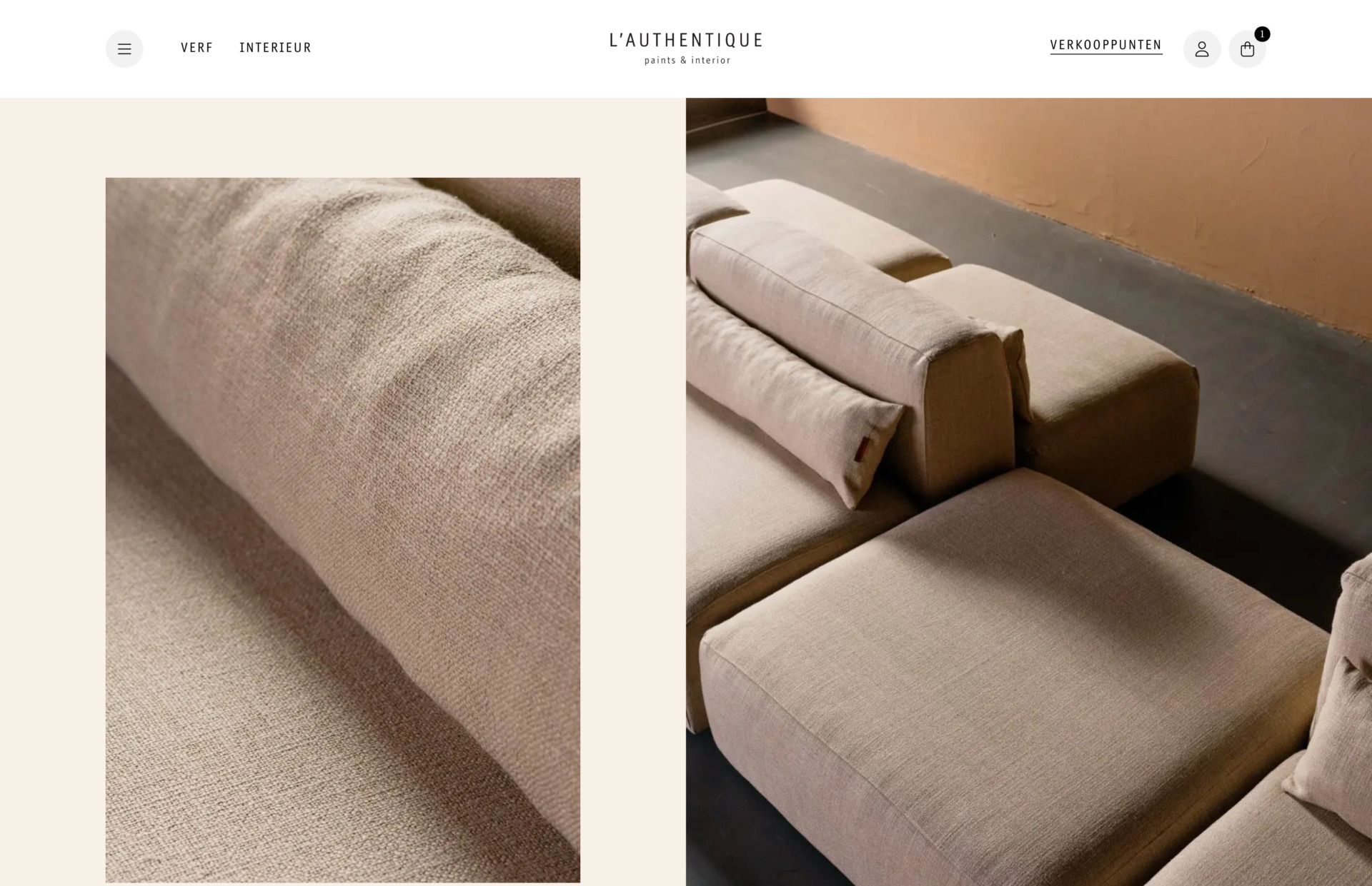 Gesplitst beeld met een close-up van luxe beige stof aan de linkerkant en een stijlvolle L'Authentique beige gestoffeerde sectionele bank aan de rechterkant.